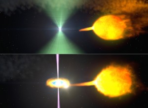 Pulsar w układzie podwójnym przechodzi przemianę, czerpiąć materię z gwiazdy towarzyszącej.jpg