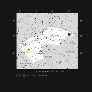 Mapka przedstawia południowy gwiazdozbiór Kila. Czerwonym kółkiem zaznaczone jest położenie gromady otwartej NGC 3293.jpg