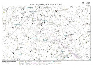 Mapka pokazuje trajektorię komety C 2014 E2 Jacques  różowa linia przez środek mapy w dniach od 25 sierpnia do 30 września.jpg