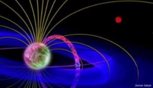 Rysunek poglądowy przedstawiający torus plazmowy wokół egzoplanety, utworzony przez jony wyrzucane z jonosfery egzoksiężyca do magnetosfery planety..jpg