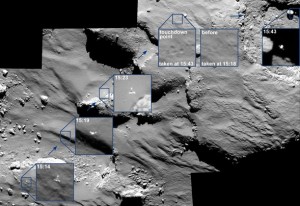 Zdjęcia pokazują kolejne fazy odbijania się lądownika Philae od powierzchni jądra komety oraz miejsce jego ostatecznego spoczynku.jpg