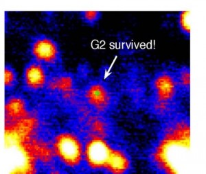 Obrazy w podczerwieni z teleskopów W. M. Kecka pokazały, że obiekt o nazwie G2 przeżył bliskie zbliżenie do czarnej dziury i nadal ją okrąża. Zielony okrąg oznacza dokładne położenie niewidzialnej dla nas czarnej dziury..jpg