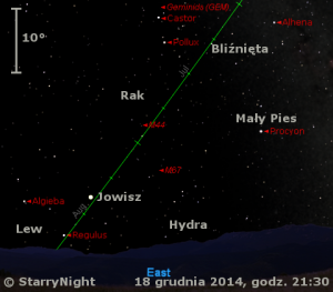 Mapka pokazuje położenie Jowisza i radiantu Geminidów w trzecim tygodniu grudnia 2014 roku.png