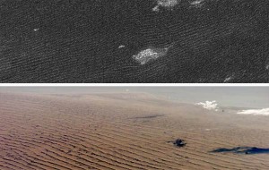 Na górnym zdjęciu wydmy piaskowe na potężnym księżycu Saturna - Tytanie.jpg