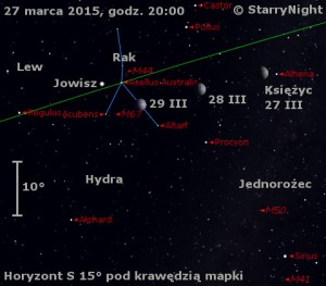 Mapka pokazuje położenie Jowisza i Księżyca w ostatnim tygodniu marca 2015 roku.jpg