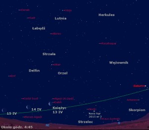 Mapka pokazuje położenie Księżyca, Saturna i Nowej w Strzelcu 2015 nr 2 w trzecim tygodniu kwietnia 2015 roku.jpg