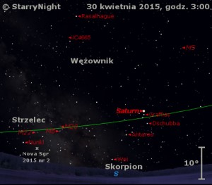 Mapka pokazuje położenie Saturna i Nowej w Strzelcu 2015 nr 2 na przełomie kwietnia i maja 2015 roku.jpg