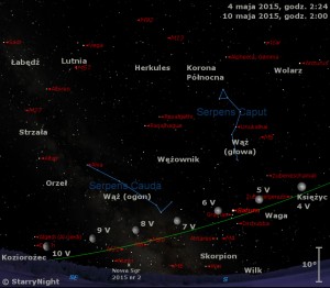 Mapka pokazuje położenie Księżyca, Saturna i Nowej w Strzelcu 2015 nr 2 w końcu pierwszej dekady maja 2015 roku.jpg