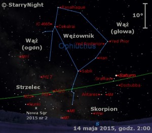 Mapka pokazuje położenie Saturna i Nowej w Strzelcu 2015 nr 2 na początku drugiej dekady maja 2015 roku.jpg