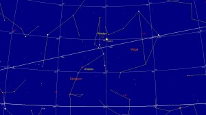 Niebo ponad południowym horyzontem 2 czerwca 2015 roku o godzinie 0.00. Widoczne jest złączenie Księżyca i Saturna.jpg