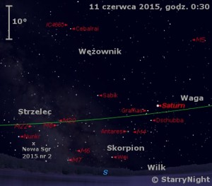 Mapka pokazuje położenie Saturna i Nowej w Strzelcu 2015 nr 2 w drugim tygodniu czerwca 2015 roku.jpg