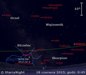 Mapka pokazuje położenie Saturna i Nowej Strzelca 2015 nr 2 w trzecim tygodniu czerwca 2015 roku.jpg