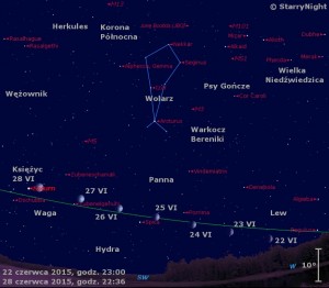 Mapka pokazuje położenie Księżyca, Saturna oraz radiantu roju meteorów Bootydy Czerwcowe w czwartym tygodniu czerwca 2015 roku.jpg