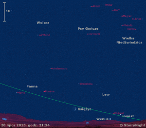 Animacja pokazuje położenie Księżyca oraz planet Jowisz i Wenus w czwartym tygodniu lipca 2015 r.gif