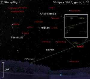 Mapka pokazuje położenie Urana i radiantu roju meteorów Perseidów na przełomie lipca i sierpnia 2015 roku.jpg