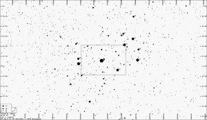 Mapka gromady otwartej gwiazd Plejady z zaznaczoną gwiazdą TYC 1800-02201-1.jpg