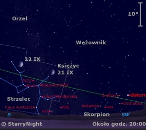 Mapka pokazuje położenie Saturna i Księżyca w czwartym tygodniu września 2015 roku.jpg