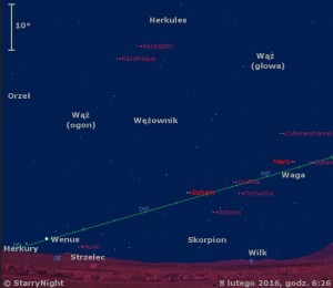 Animacja pokazuje położenie planet Mars, Saturn, Wenus i Merkury w drugim tygodniu lutego 2016 roku.jpg