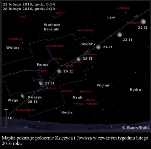 Mapka pokazuje położenie Księżyca i Jowisza w czwartym tygodniu lutego 2016 roku.jpg