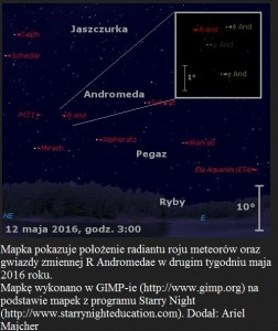 Mapka pokazuje położenie radiantu roju meteorów oraz gwiazdy zmiennej R Andromedae w drugim tygodniu maja 2016 roku.jpg