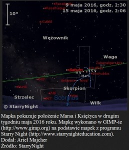 Mapka pokazuje położenie Marsa i Księżyca w drugim tygodniu maja 2016 roku.jpg
