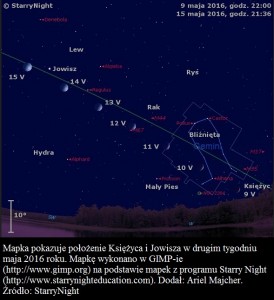 Mapka pokazuje położenie Księżyca i Jowisza w drugim tygodniu maja 2016 roku.jpg