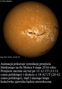 Animacja pokazuje symulację przejścia Merkurego na tle Słońca 9 maja 2016 roku.jpg