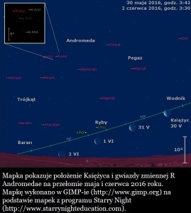 Mapka pokazuje położenie Księżyca i gwiazdy zmiennej R Andromedae na przełomie maja i czerwca 2016 roku.jpg