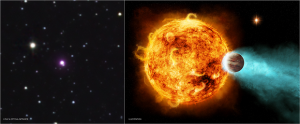 Po lewej stronie rzeczywiste zdjęcie, po prawej stronie wizja artystyczna gwiazdy CoRoT-2a i jej planety..png